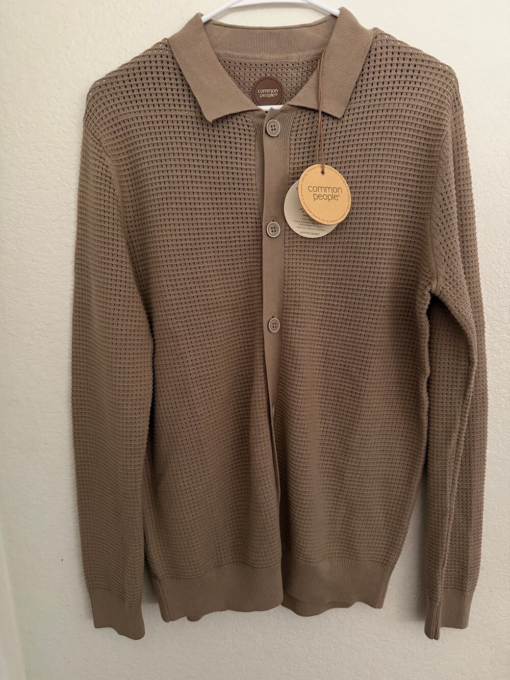 NWT Common People Oscar Polo Cardigan 100% Cotton Taupe Knit Sweater Size Small